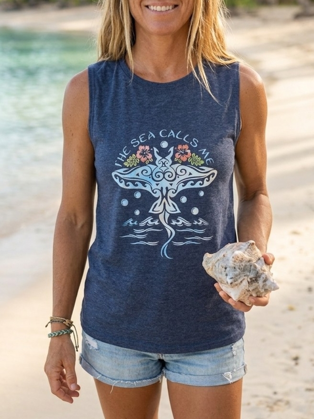 Unlisted Navy Graphic Muscle Tee with Sea Call Design